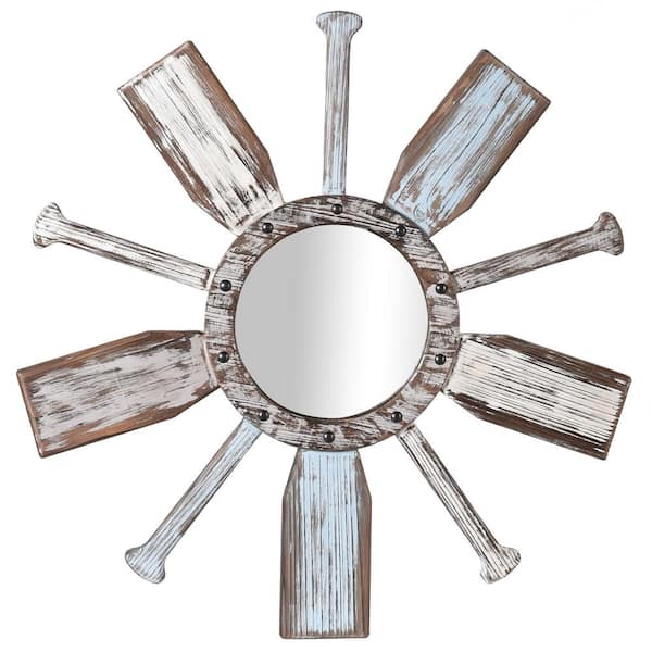 StyleCraft Montauk 34 in. x 34 in. Coastal Round Framed Weathered White Light Blue Distressed Wood Decorative Mirror