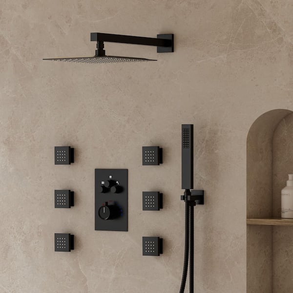 Rainspire 7-Spray 12 in. Wall Mount Square High Pressure Shower System with 6-Jets in Matte Black (Valve Included)