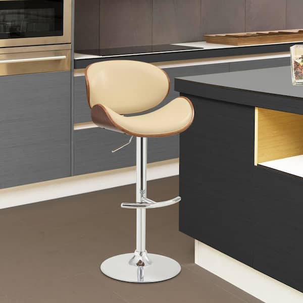 Armen Living Naples Bar Stool in Chrome with Cream Pu upholstery and Walnut Veneer Back