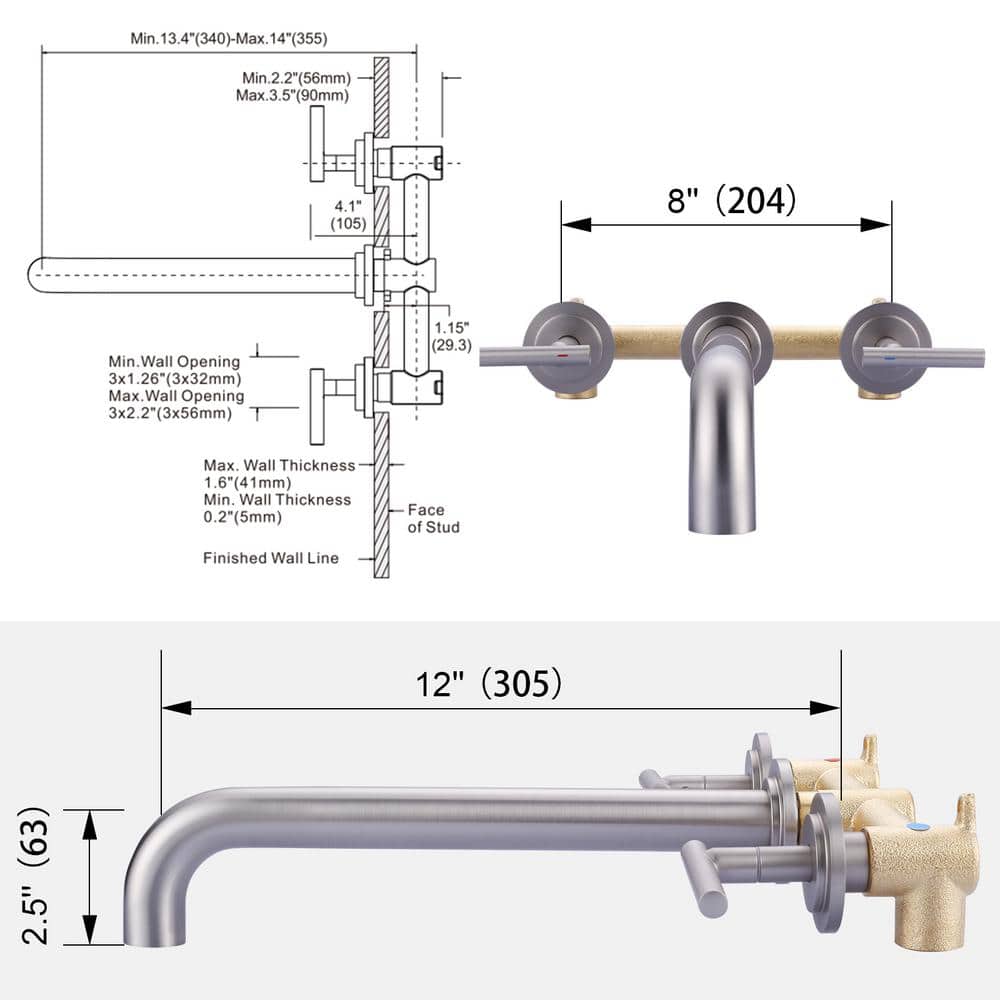 Brushed Nickel Double Handle Wall Mounted Roman Tub Faucet
