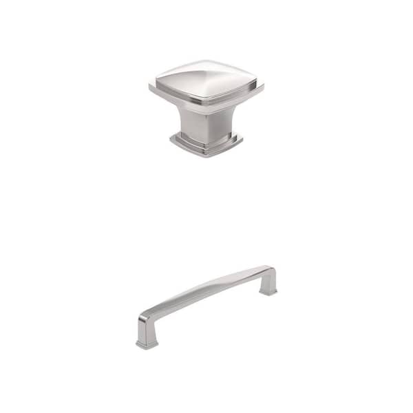 Charlemagne Brushed Nickel Cabinet Hardware Combo: 5-1/16 in. Bar Pull and 1-11/16 in. Square Knob