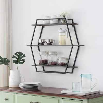 Hexagon 5.5 in. x 28.75 in. 24.5 in. Gray Wood and Iron Floating 3-Tier Decorative Wall Shelf