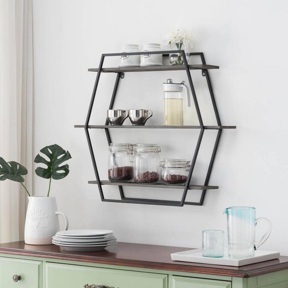Hexagon 5.5 in. x 28.75 in. 24.5 in. Gray Wood and Iron Floating 3-Tier Dec
