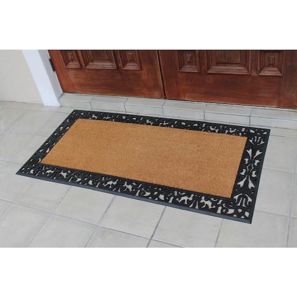 A1hc Welcome Mat Black/Beige 23 in. x 38 in. Rubber and Coir Heavy Duty, Non-Slip Extra Large Double Door Mat