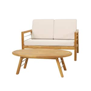 Mellie Teak 2-Piece Wood Patio Conversation Set with Beige Cushions