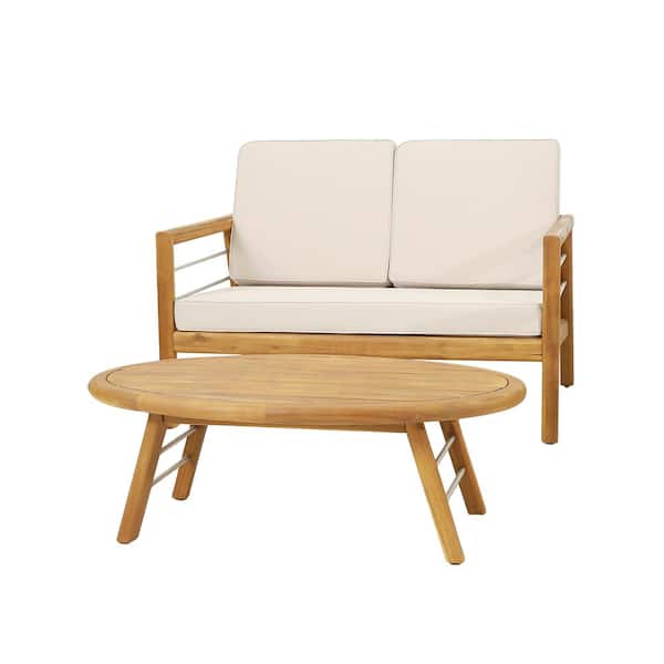 Noble House Mellie Teak 2-Piece Wood Outdoor Patio Conversation Set with Beige Cushions