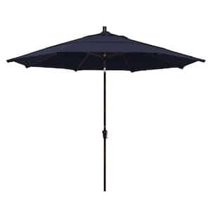 11 ft. Bronze Aluminum Pole Market Aluminum Ribs Auto Tilt Crank Lift Outdoor Patio Umbrella in Navy Sunbrella