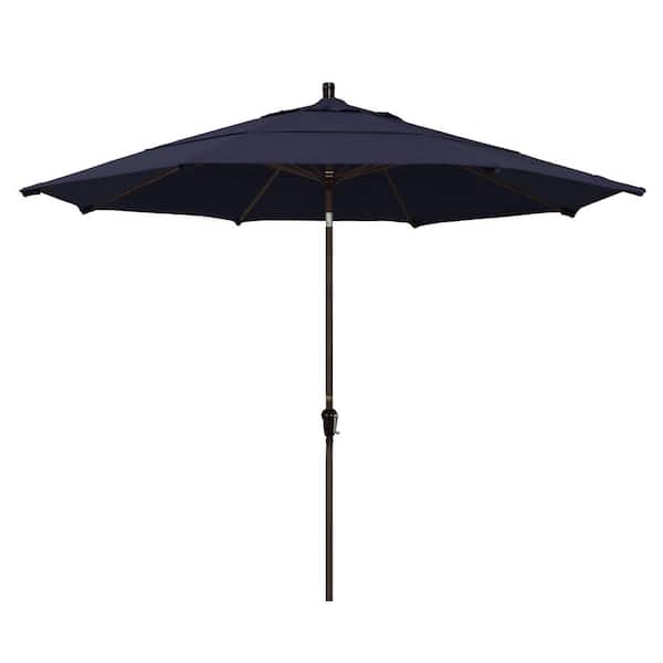California Umbrella 11 ft. Bronze Aluminum Pole Market Aluminum Ribs Auto Tilt Crank Lift Outdoor Patio Umbrella in Navy Sunbrella