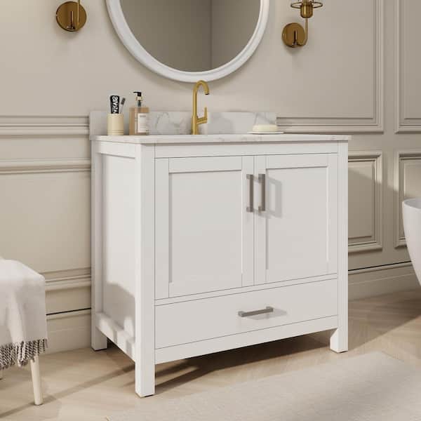 Thera 36 in. W x 22 in. D x 34 in. H Bath Vanity in White with Veneto Carrara Marble Top with Basin