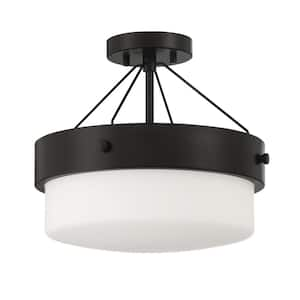 Oak Street 13 in. 2-Light Flat Black Finish Traditional Convertible Semi Flush Mount Ceiling Light w/Frosted Shade