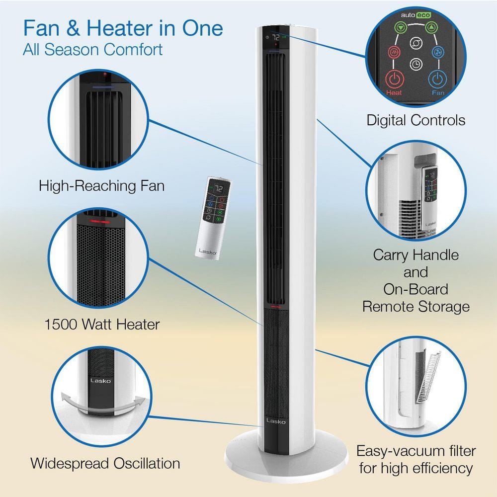 White Ceramic Tower Fan and Heater with Thermostat and Automatic Shut-off