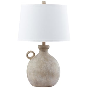 Cleveland 24 in. Brown Resin Traditional Urn Table Lamp with White Linen Shade and USB Port