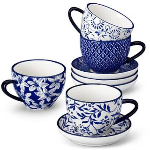 vancasso 8 oz. Blue and White Porcelain Coffee Cup Set (Set of 8) Including  4 Cups and 4 Saucers for Coffee/Latte/Cappuccino/Milk VC-SELENE-SBD
