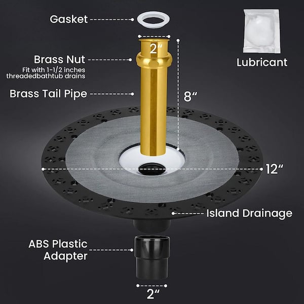 1-Piece Freestanding Bathtub Drain Rough-In Kit in Black, Tub Drain Accessory, Plastic Adapter, Brass Liner Included