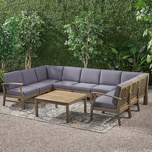 Perla Grey 10-Piece Wood Outdoor Patio Conversation Sectional Seating Set with Dark Grey Cushions