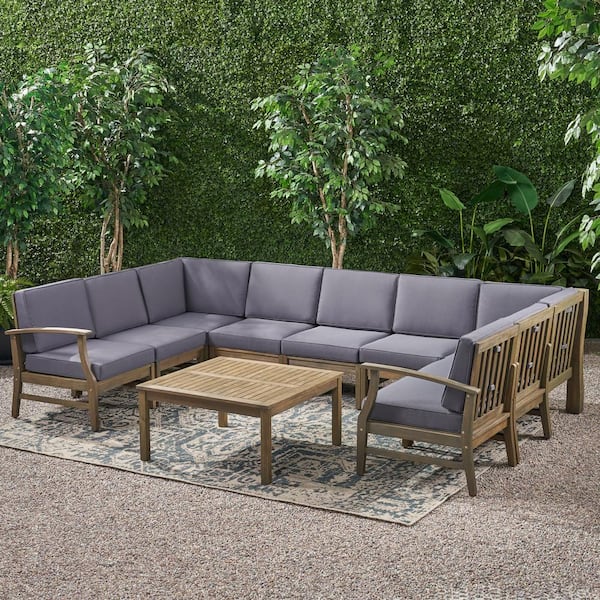 Noble House Perla Grey 10-Piece Wood Outdoor Patio Conversation Sectional Seating Set with Dark Grey Cushions