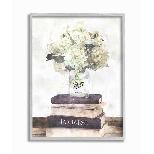 Stupell Industries "Delicate White Florals on Parisian Bookstack" by Ziwei Li Framed Nature Wall Art Print 11 in. x 14 in.
