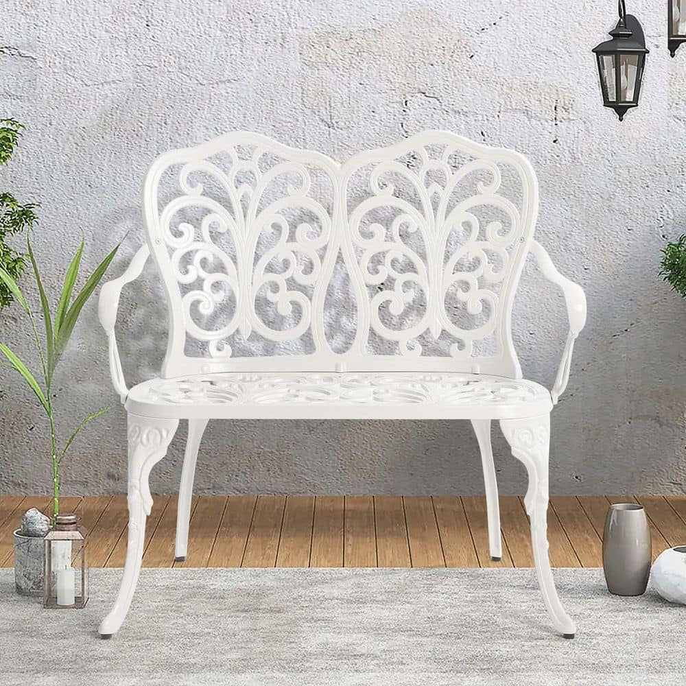Patio Garden Bench Metal Park Bench Cast Aluminum Outdoor Bench with Floral