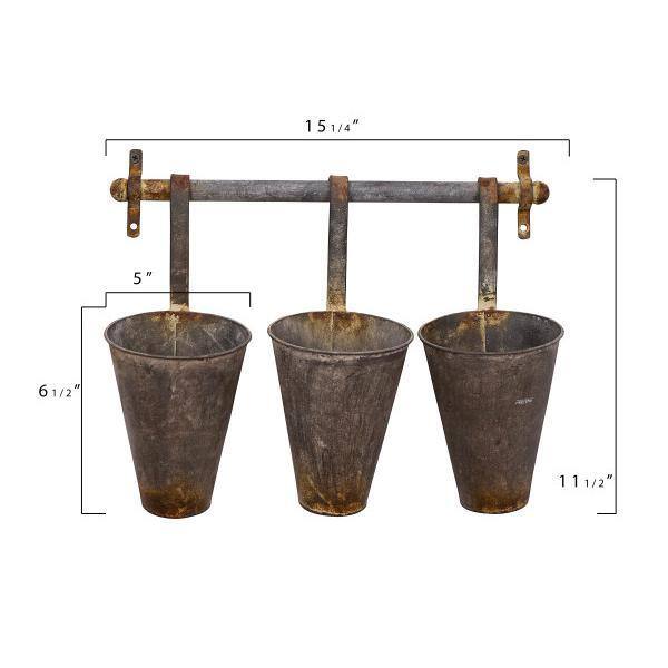 Rustic Silver Tin Wall Rack with 3 Tapered Planters