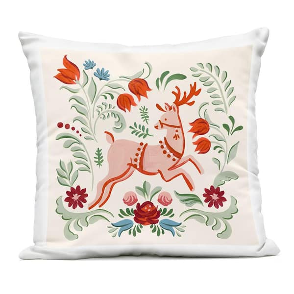 Pink and Green Floral Reindeer Green Square Outdoor Throw Pillow