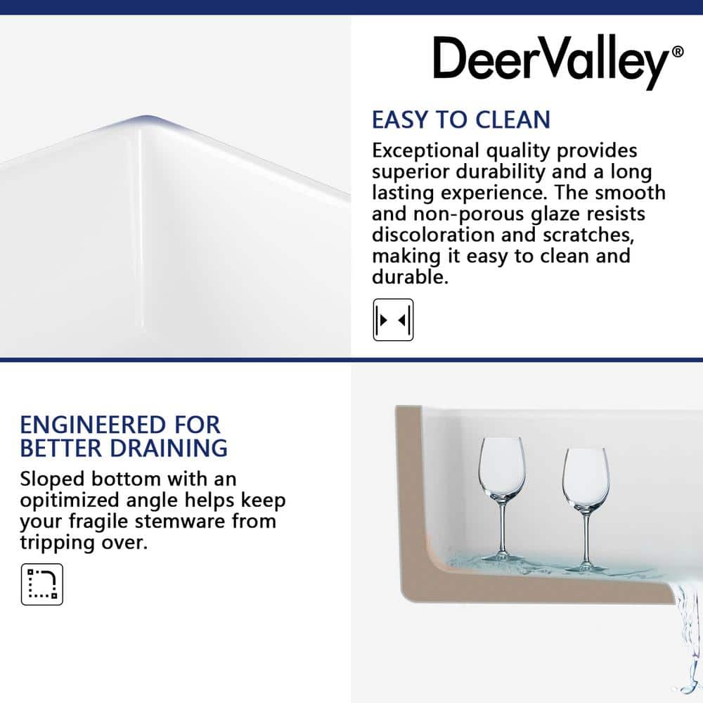 DeerValley 33" White Fireclay Double Bowl Farmhouse Sink