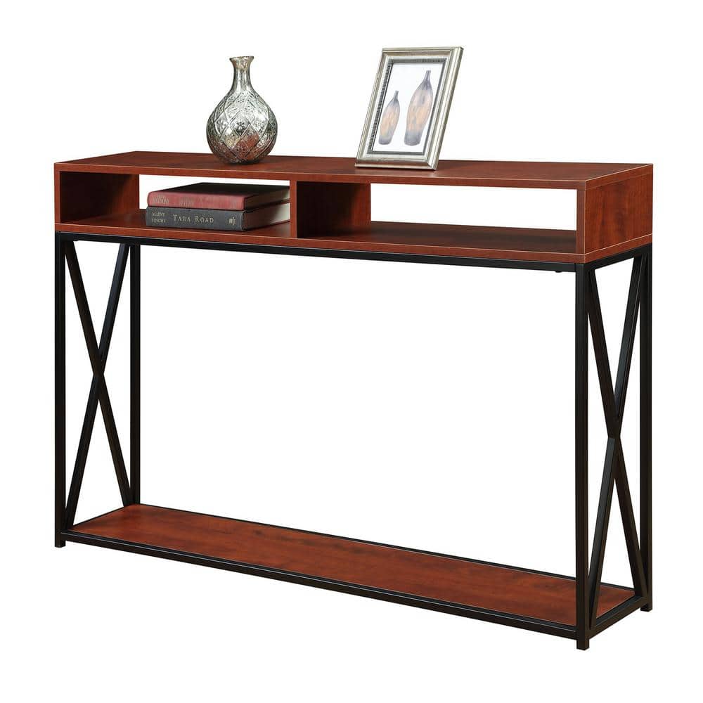 Cherry and Black Deluxe Metal and Wood Console Table with Storage