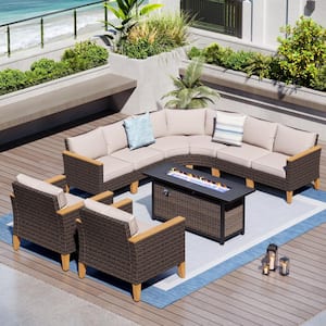 Brown Rattan Wicker 8-Seat 9-Piece Steel Outdoor Fire Pit Patio Set with Beige Cushions and Rectangular Fire Pit Table