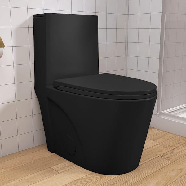Oven 1-Piece Toilet 1.1/1.6 GPF Dual Flush Elongated Standard-Size Toilet with Soft Closing Seat Included in Matte Black