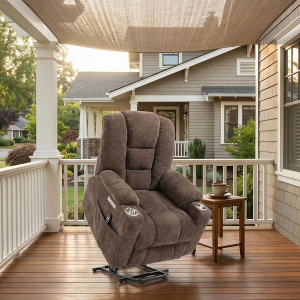 Brown Power Lift Recliner Chair with Remote Control Dual USB Ports Cup Holders Chenille Upholstery 350 lbs. Capacity