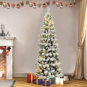 7.5 ft. Pre-Lit LED White Snow Flocked Artificial Christmas Tree with 300 Multi-Color LED Light and Remote Control