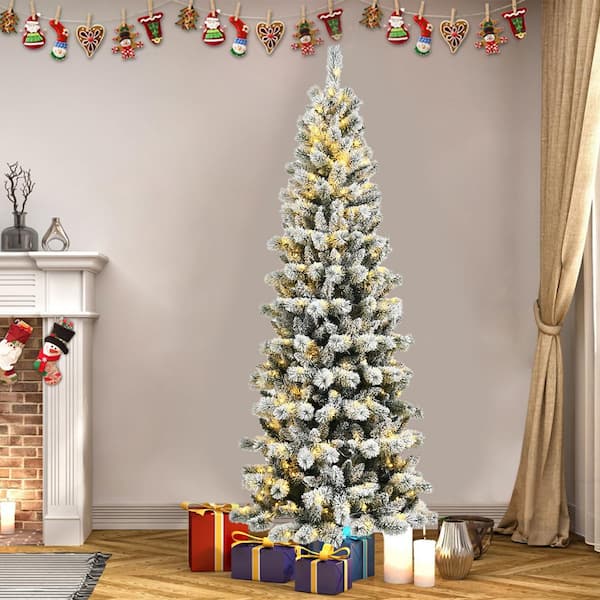 7.5 ft. Pre-Lit LED White Snow Flocked Artificial Christmas Tree with 300 Multi-Color LED Light and Remote Control