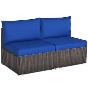 Brown 2-Piece Wicker Outdoor Sectional Rattan Armless Sofa with Navy Cushions