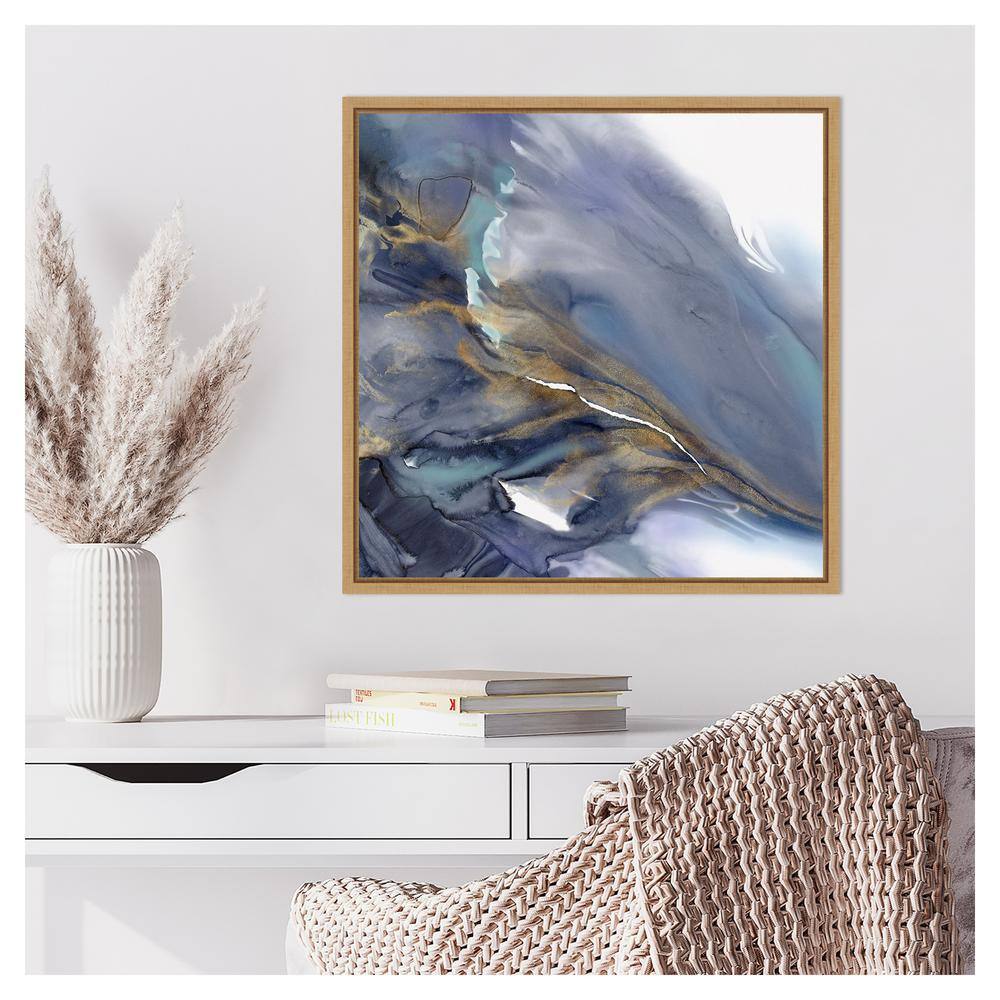 Water Wonder Abstract Blue and Gold Canvas Art with Maple Frame