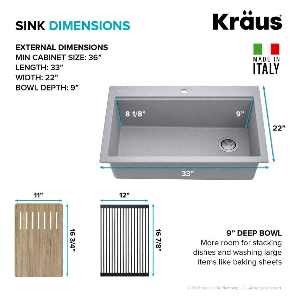 33 in. Metallic Gray Granite Composite Single Bowl Kitchen Sink