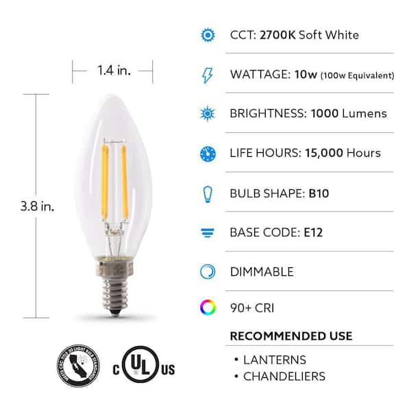 Feit Electric 100-Watt Equivalent B10 Candelabra Dimmable Filament Clear Glass Chandelier LED Light Bulb, Soft White (12-Pack)