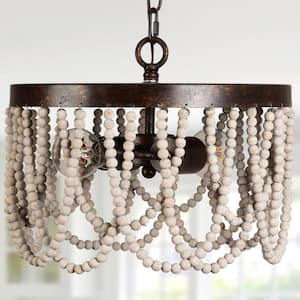 Farmhouse 2-Light Rustic Wood Bead Chandelier with Adjustable Hanging Chain