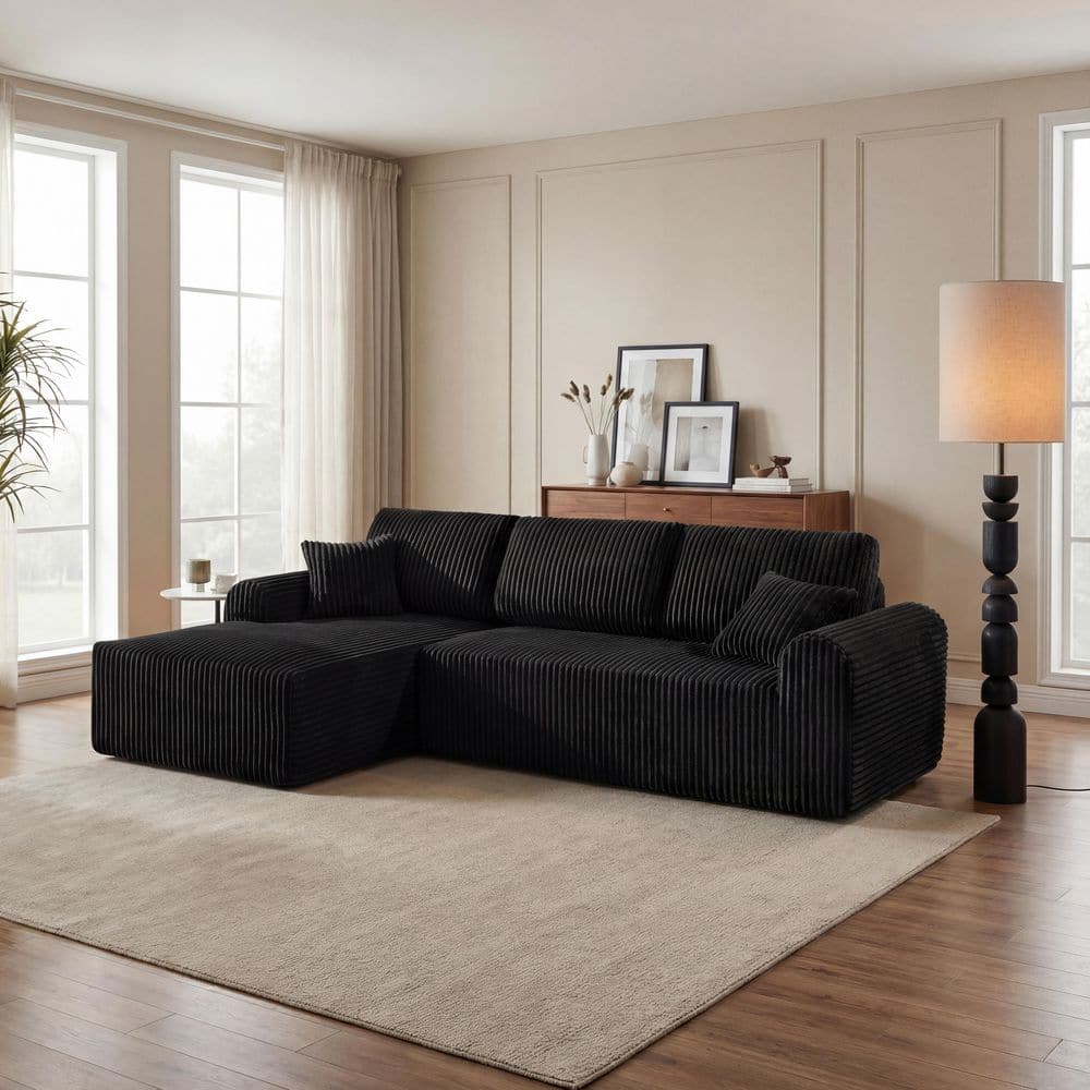 Gridon 109.8 in. Round Arm Corduroy L-Shape Sectional Sofa Couch Set For Living Room, in Charcoal Black price history on PriceWatchPro