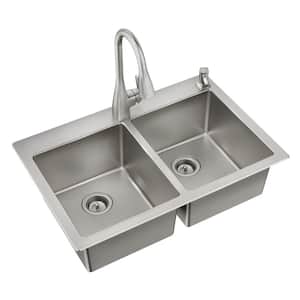Kiran 33 in. Drop-In/Undermount Double Bowl Stainless Steel Kitchen Sink with Faucet Combo, All-in-One Double Bowl