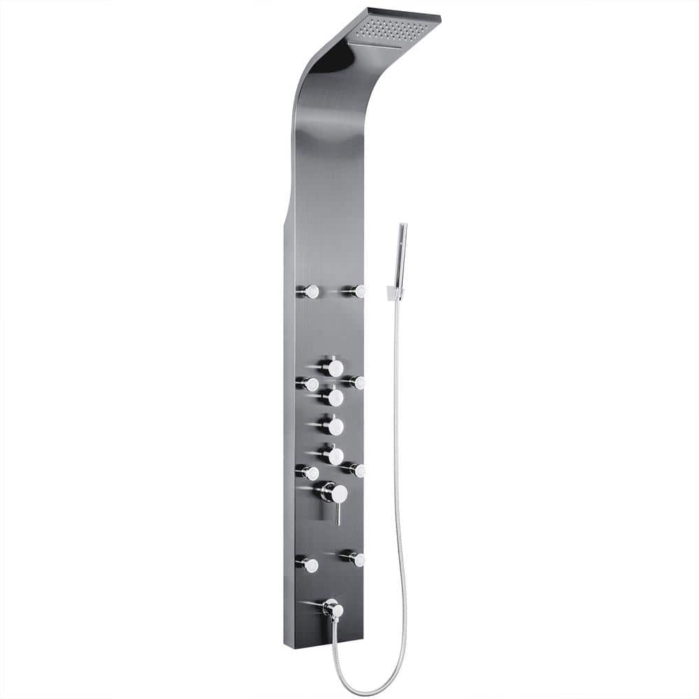 AKDY 65 in. 8-Jet Shower Panel System in Space Gray Brushed Stainless Steel with Rainfall Waterfall Shower Head and Wand -  SP0112