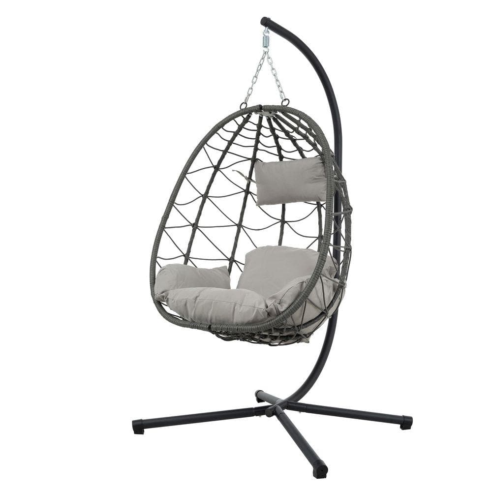 1-Person Metal Patio Swing Egg Chair with Stand, Light Gray Cushion and Pillow