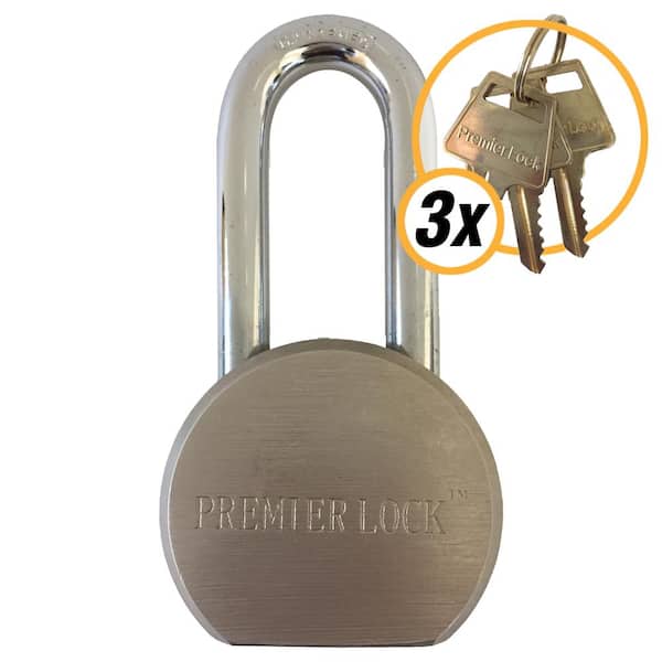 Premier Lock 2-5/8 in. Premier Solid Steel Commercial Gate Keyed Padlock with Long Shackle and 3 Keys