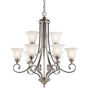Monroe 33.5 in. 9-Light Brushed Nickel 2-Tier Traditional Shaded Bell Chandelier for Dining Room