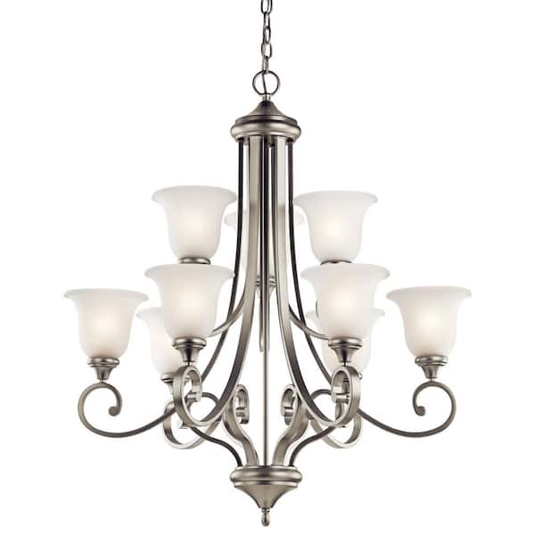 KICHLER Monroe 33.5 in. 9-Light Brushed Nickel 2-Tier Traditional Shaded Bell Chandelier for Dining Room