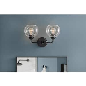 Jill 16 in. 2-Light Black Vanity Light with Clear Seeded Glass Shade