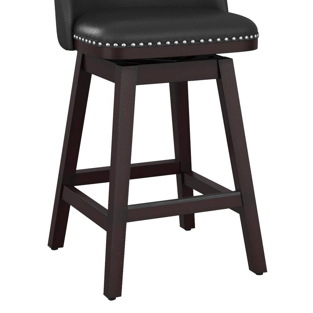 26" Black Faux Leather Swivel Counter Stools with Dark Wood Legs, Set of 3