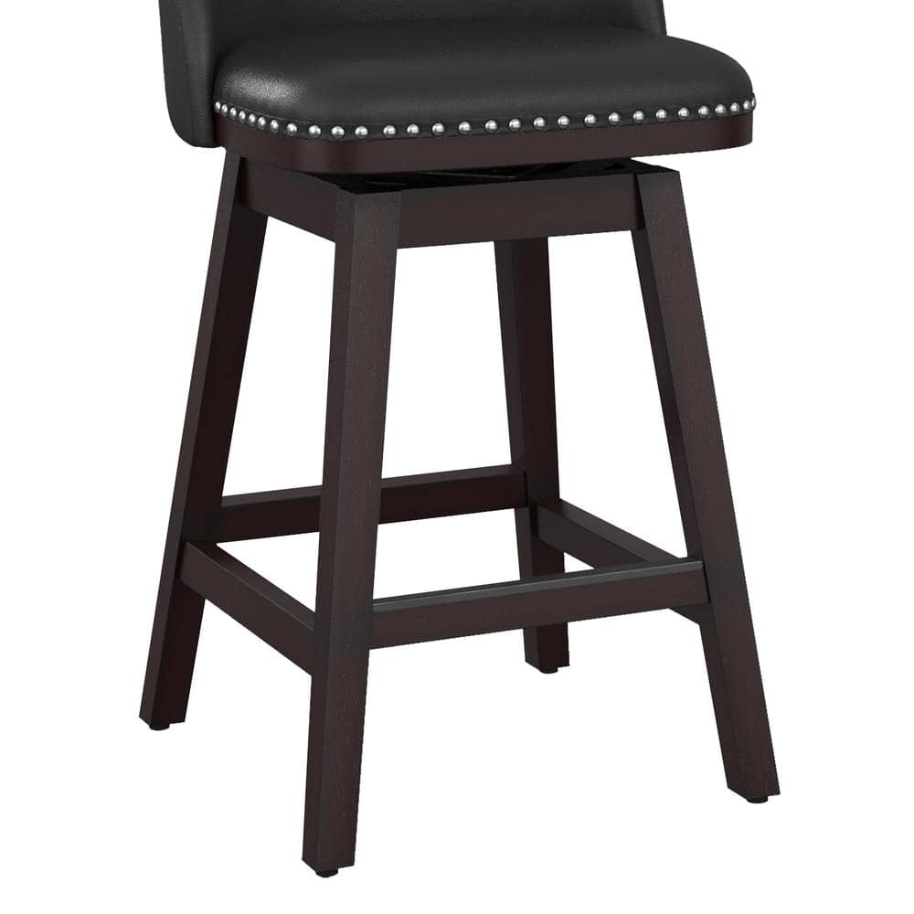 26" Black Faux Leather Swivel Counter Stools with Dark Wood Legs, Set of 3