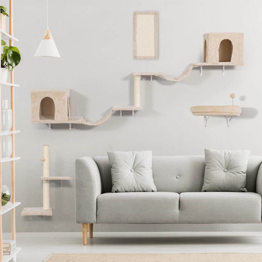 Beige Sisal Wall Mounted Cat Climber Set with Condos and Perches