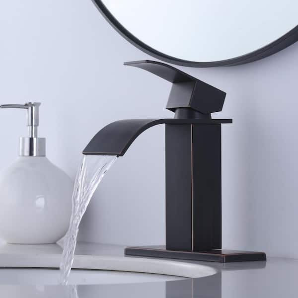 4 in. Centerset Single Handle High Arc Waterfall Bathroom Faucet with Pop Up Drain and Supply Lines in Oil Rubbed Bronze