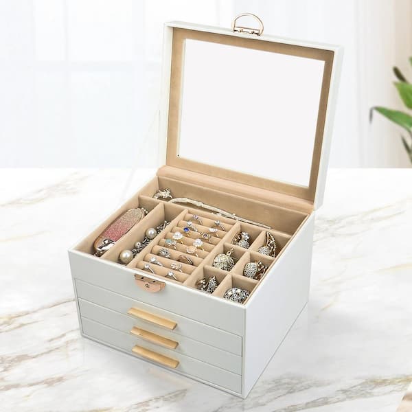 Wooden White Floral Jewelry Box Organizer Hinged Lid with Pull Out Tray online & Mirror