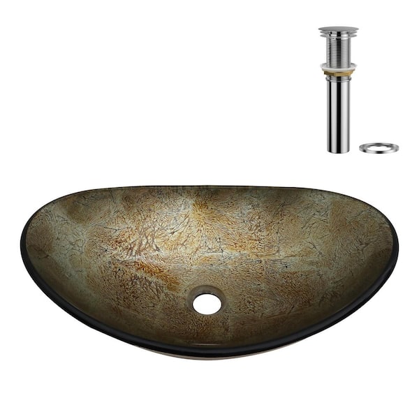 21-1/2 in. Gold Glass Oval Vessel Bathroom Sink with Chrome Pop-up Drain